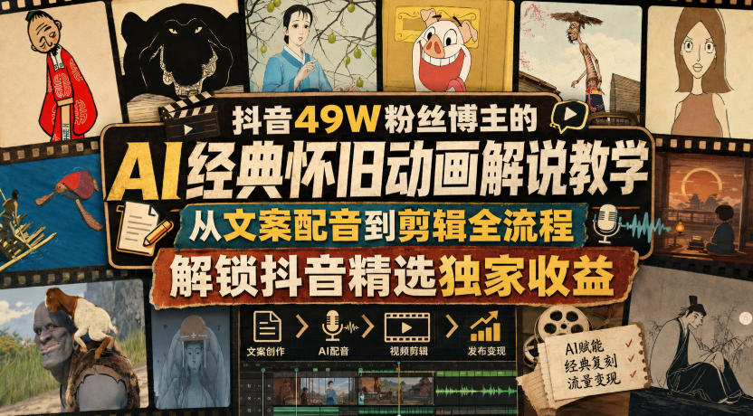 抖音49W粉丝博主的AI经典怀旧动画解说教学,从文案配音到剪辑全流程,解锁抖音精选独家收益-问小徐资源库