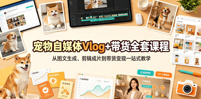 宠物自媒体Vlog+带货全套课程｜从图文生成、剪辑成片到带货变现一站式教学-问小徐资源库