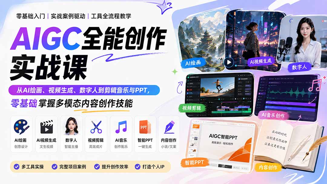 AIGC全能创作实战课：从AI绘画、视频生成、数字人到剪辑音乐与PPT，零基础掌握多模态内容创作技能-问小徐资源库