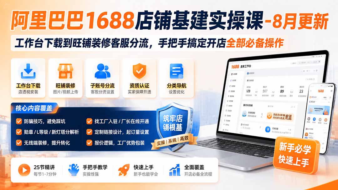 阿里巴巴1688店铺基建实操课-8月更新；工作台下载到旺铺装修客服分流，手把手搞定开店全部必备操作-问小徐资源库