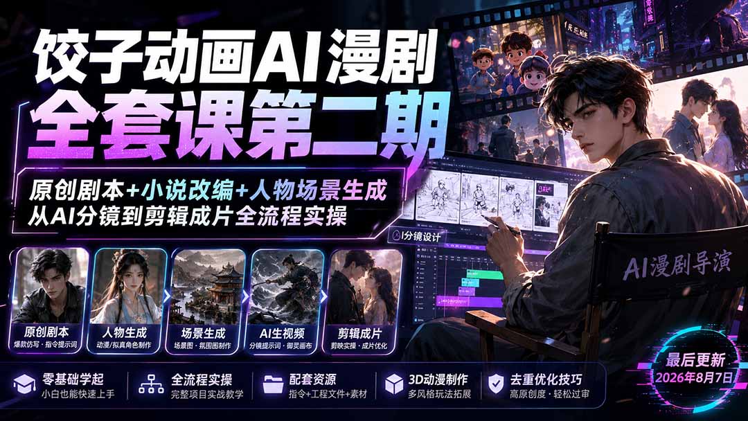 饺子动画AI漫剧全套课第二期：原创剧本+小说改编+人物场景生成，从AI分镜到剪辑成片全流程实操-问小徐资源库