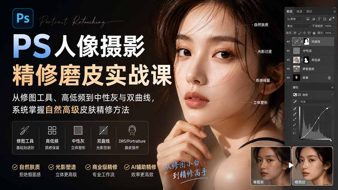 PS人像摄影精修磨皮实战课：从修图工具、高低频到中性灰与双曲线，系统掌握自然高级皮肤精修方法-问小徐资源库