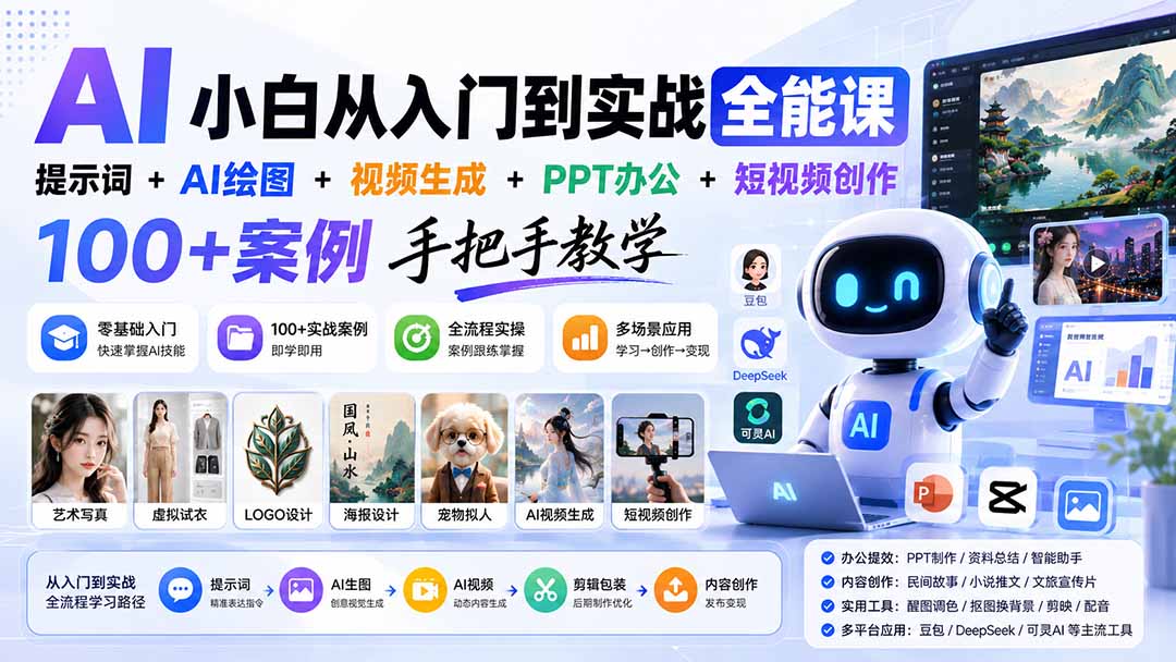 AI小白从入门到实战全能课：提示词+AI绘图+视频生成+PPT办公+短视频创作，100+案例手把手教学-问小徐资源库
