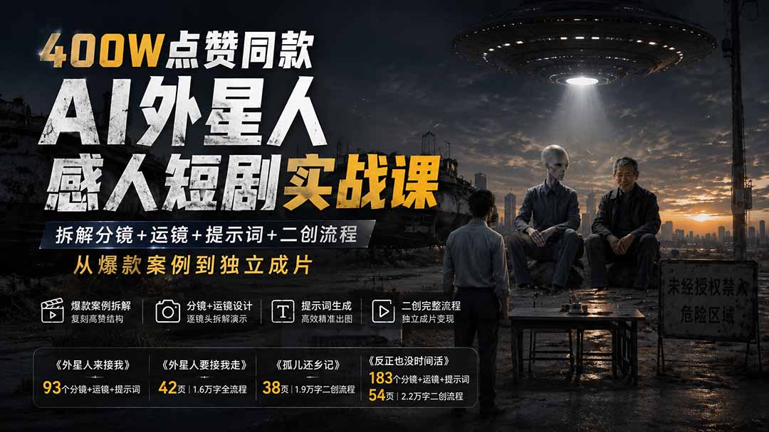 400W点赞同款AI外星人感人短剧实战课：拆解分镜+运镜+提示词+二创流程，从爆款案例到独立成片-问小徐资源库