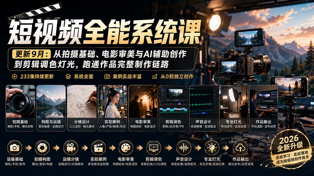 短视频全能系统课-更新8月233集:从拍摄基础、电影审美与AI辅助创作到剪辑调色灯光,跑通作品完整制作链路-问小徐资源库