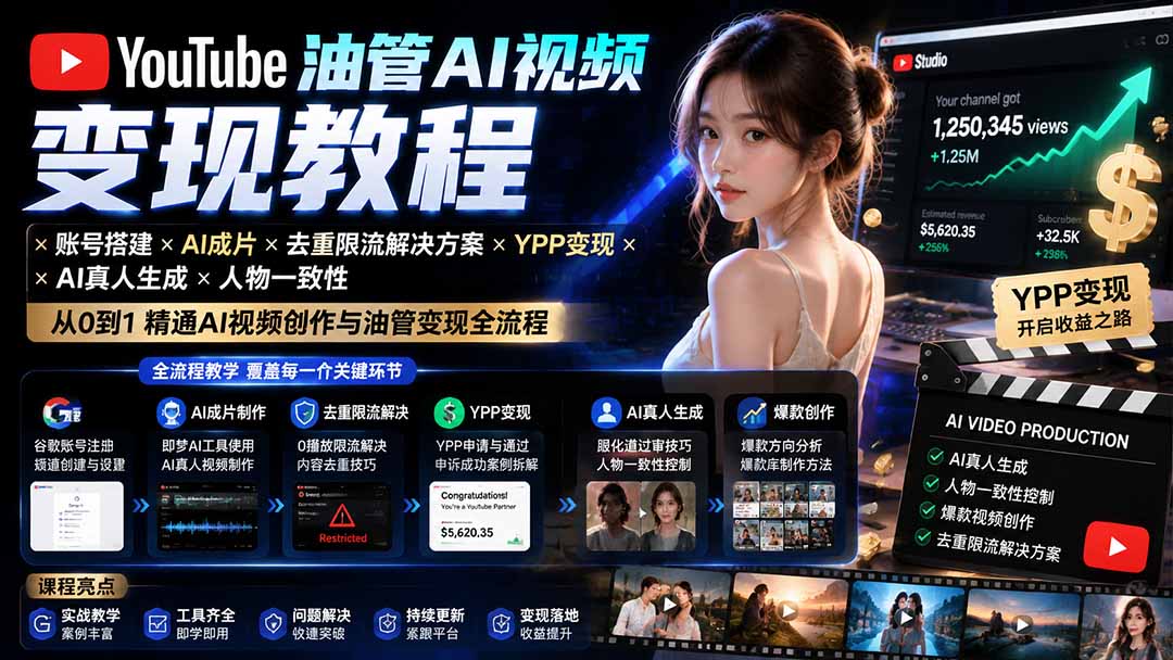 YouTube油管AI视频变现教程-更新：账号搭建×AI成片×去重限流解决方案×YPP变现×AI真人生成×人物一致性-问小徐资源库
