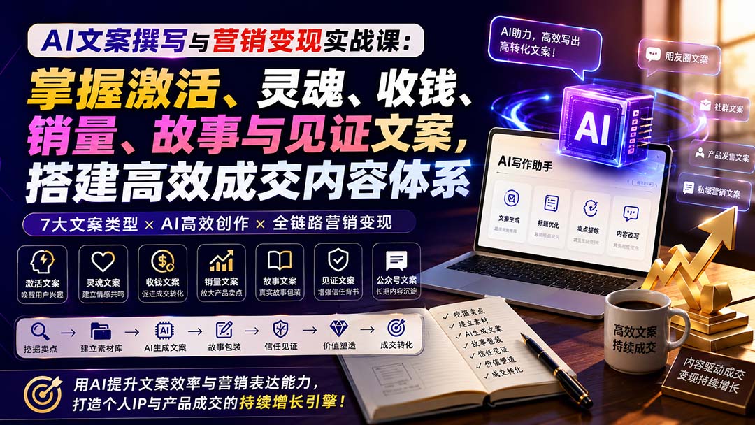 AI文案撰写与营销变现实战课：掌握激活、灵魂、收钱、销量、故事与见证文案，搭建高效成交内容体系-问小徐资源库