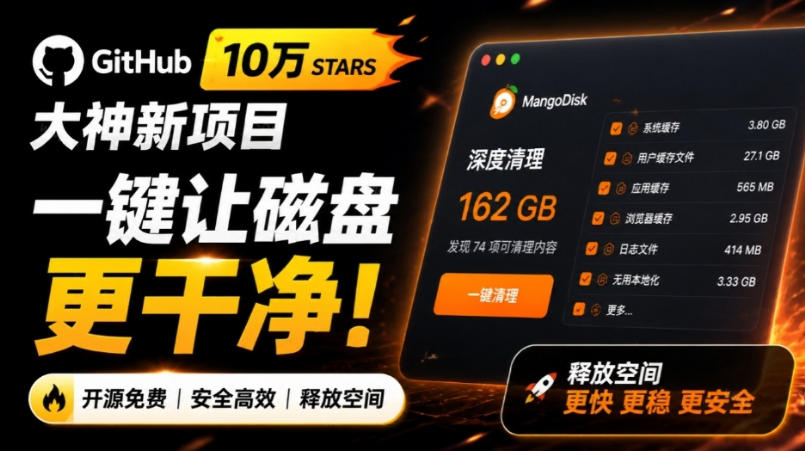在Gtihub上做出10万stars的大神，又发布新项目了！一键让磁盘更干净，开源免费清理工具MangoDisk-问小徐资源库