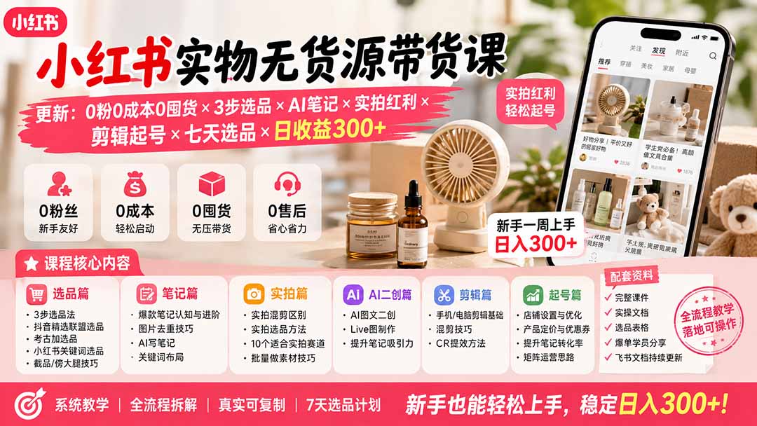 小红书实物无货源带货课-更新：0粉0成本0囤货×3步选品×AI笔记×实拍红利×剪辑起号×七天选品×日收益300+-问小徐资源库