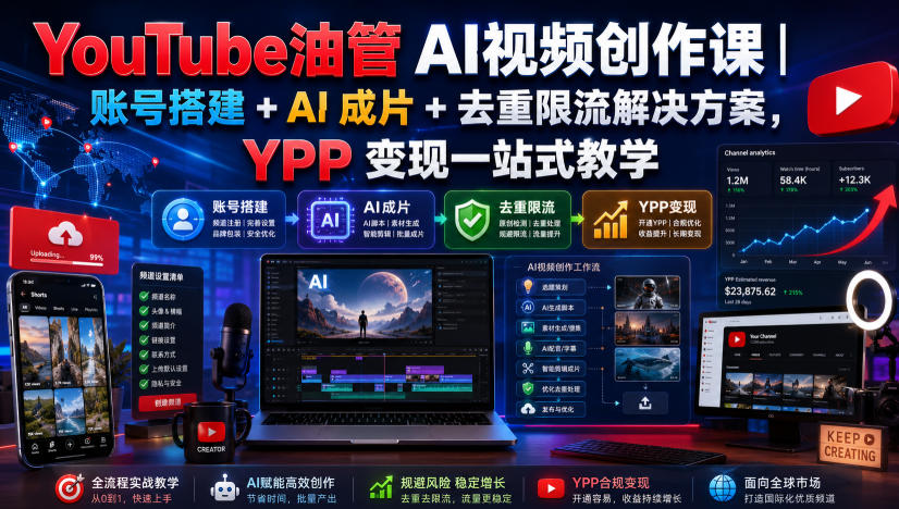 YouTube油管AI视频创作课｜账号搭建+AI成片+去重限流解决方案，YPP变现一站式教学-问小徐资源库