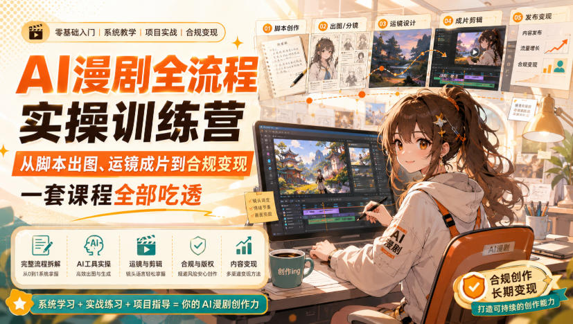 AI漫剧全流程实操训练营，从脚本出图、运镜成片到合规变现，一套课程全部吃透-问小徐资源库