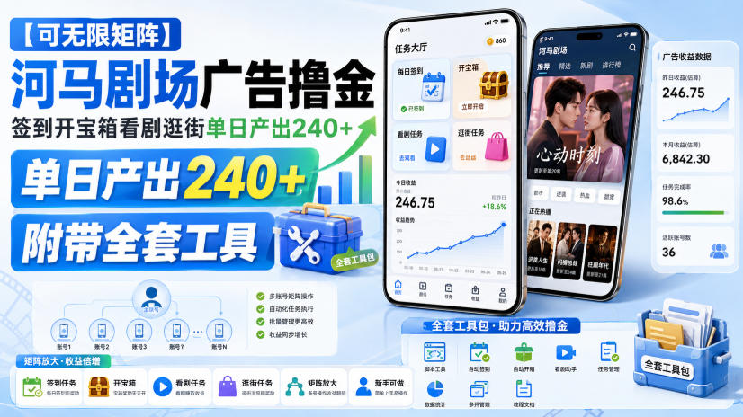 【可无限矩阵】河马剧场广告撸金,签到开宝箱看剧逛街单日产出240+,附带全套工具【揭秘】-问小徐资源库