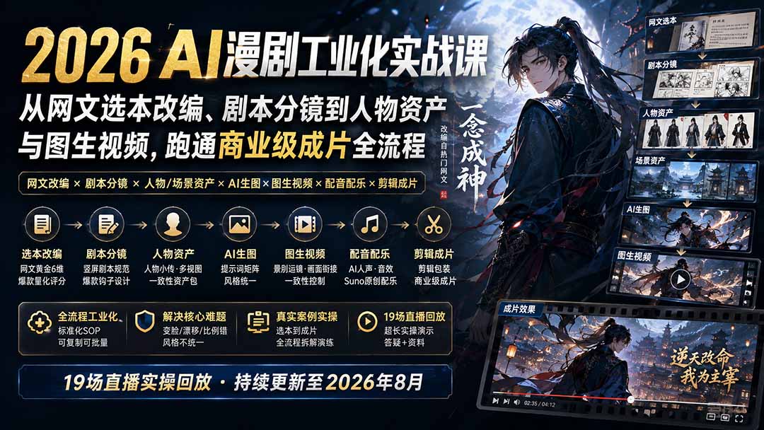 2026 AI漫剧工业化实战课-更新：从网文选本改编、剧本分镜到人物资产与图生视频，跑通商业级成片全流程-问小徐资源库