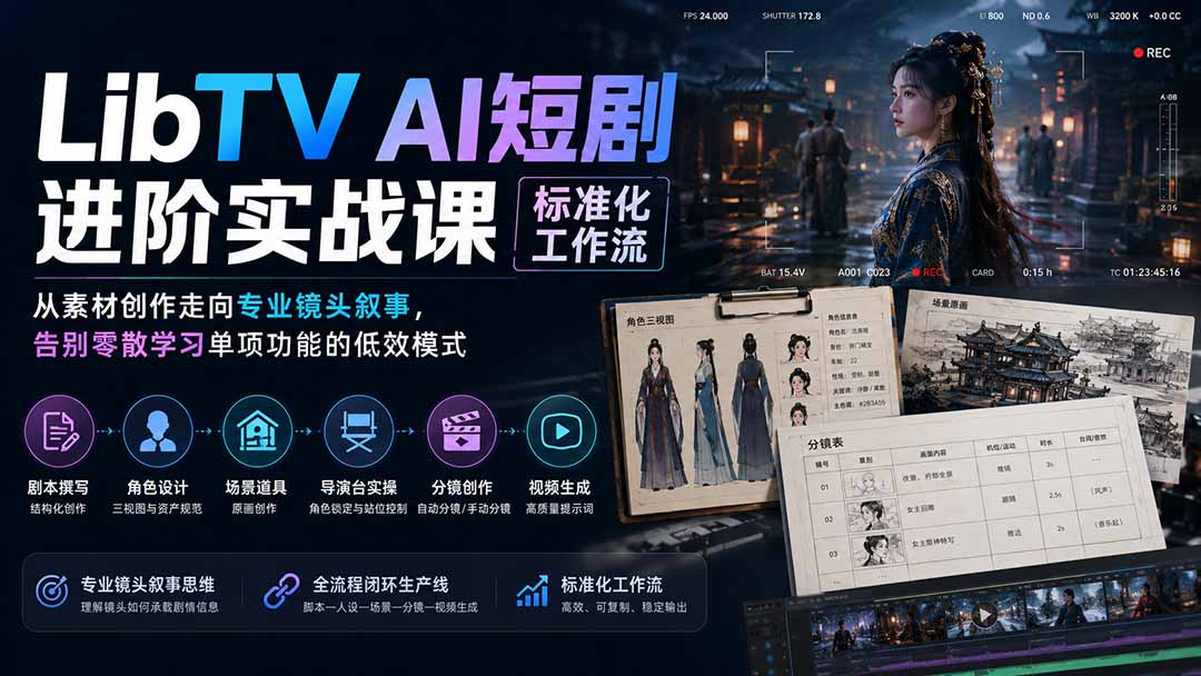 LibTV AI短剧进阶实操课标准化工作流；从素材创作走向专业镜头叙事，告别零散学习单项功能的低效模式-问小徐资源库