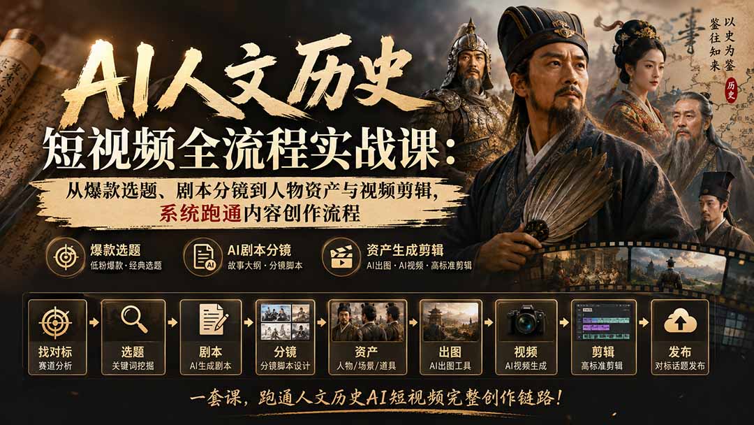 AI人文历史短视频全流程实战课：从爆款选题、剧本分镜到人物资产与视频剪辑，系统跑通内容创作流程-问小徐资源库