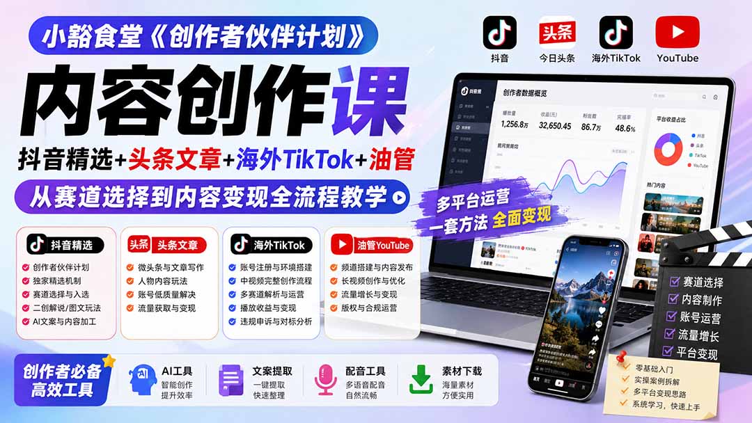 小豁食堂《创作者伙伴计划》内容创作课:抖音精选+头条文章+海外TikTok+油管,从赛道选择到内容变现全流程教学-问小徐资源库