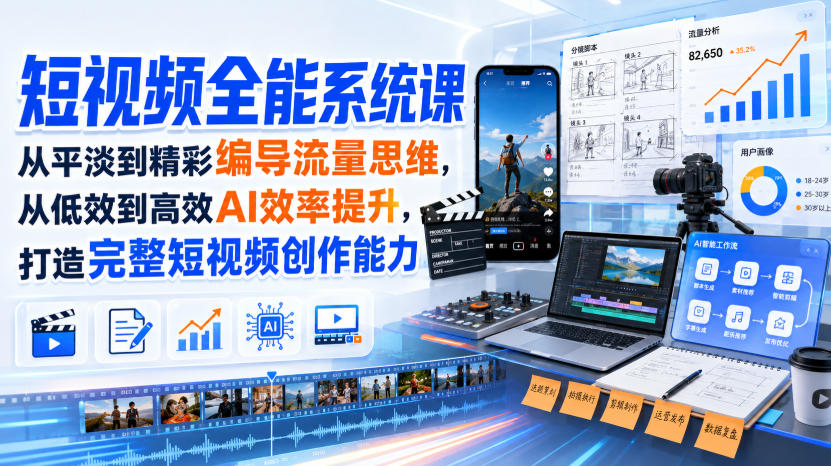 短视频全能系统课,从平淡到精彩编导流量思维,从低效到高效AI效率提升,打造完整短视频创作能力(2026年8月30更新233集)-问小徐资源库