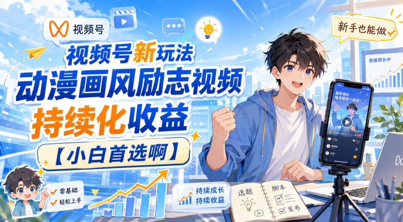 视频号新玩法动漫画风励志视频,持续化收益【小白首选啊】-问小徐资源库