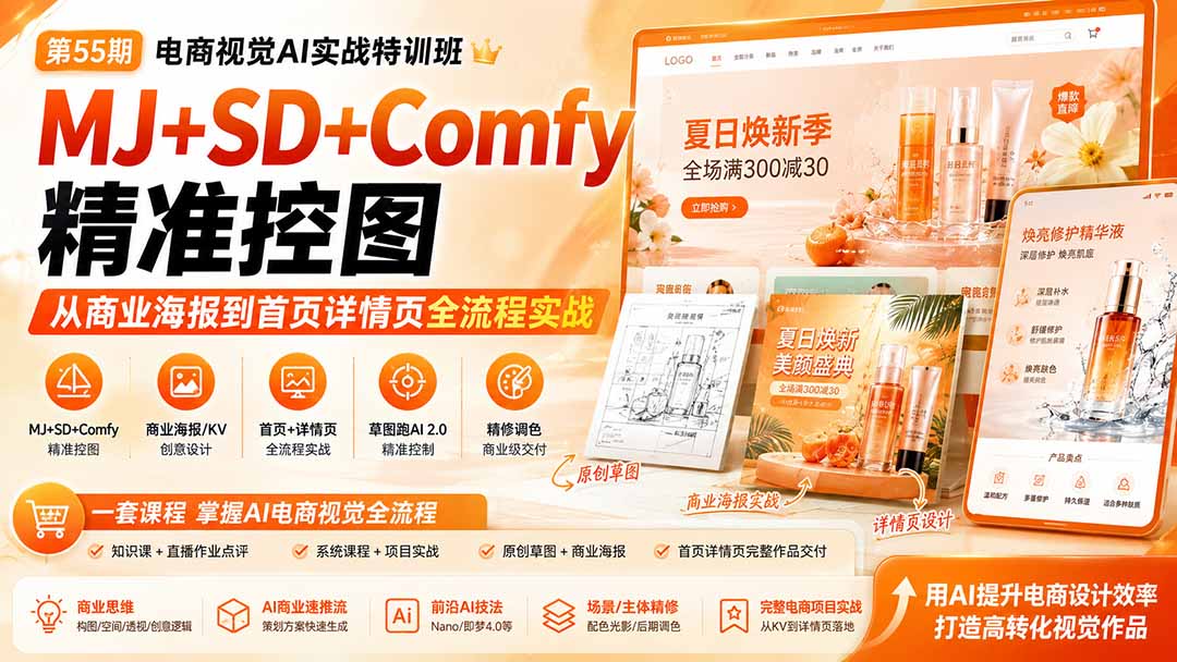 电商视觉 AI实战训练营第55期：MJ+SD+Comfy精准控图，从商业海报到首页详情页全流程实战-问小徐资源库