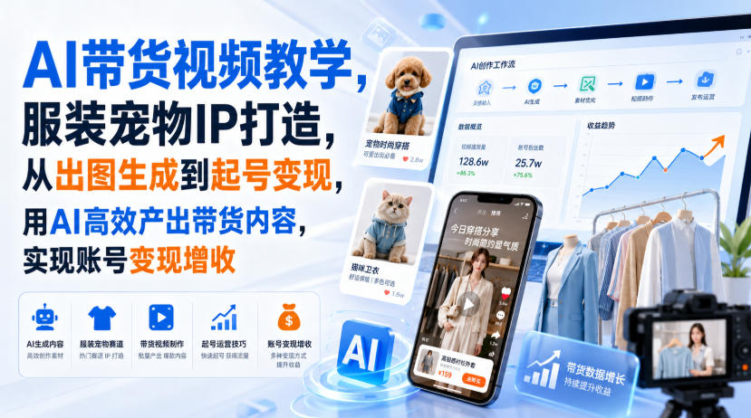 AI带货视频教学，服装宠物IP打造，从出图生成到起号变现，用AI高效产出带货内容，实现账号变现增收-问小徐资源库