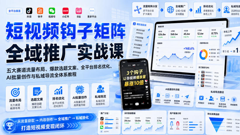 短视频钩子矩阵全域推广实战课｜五大赛道流量布局、爆款选题文案、全平台排名优化、AI批量创作与私域导流全体系教程-问小徐资源库