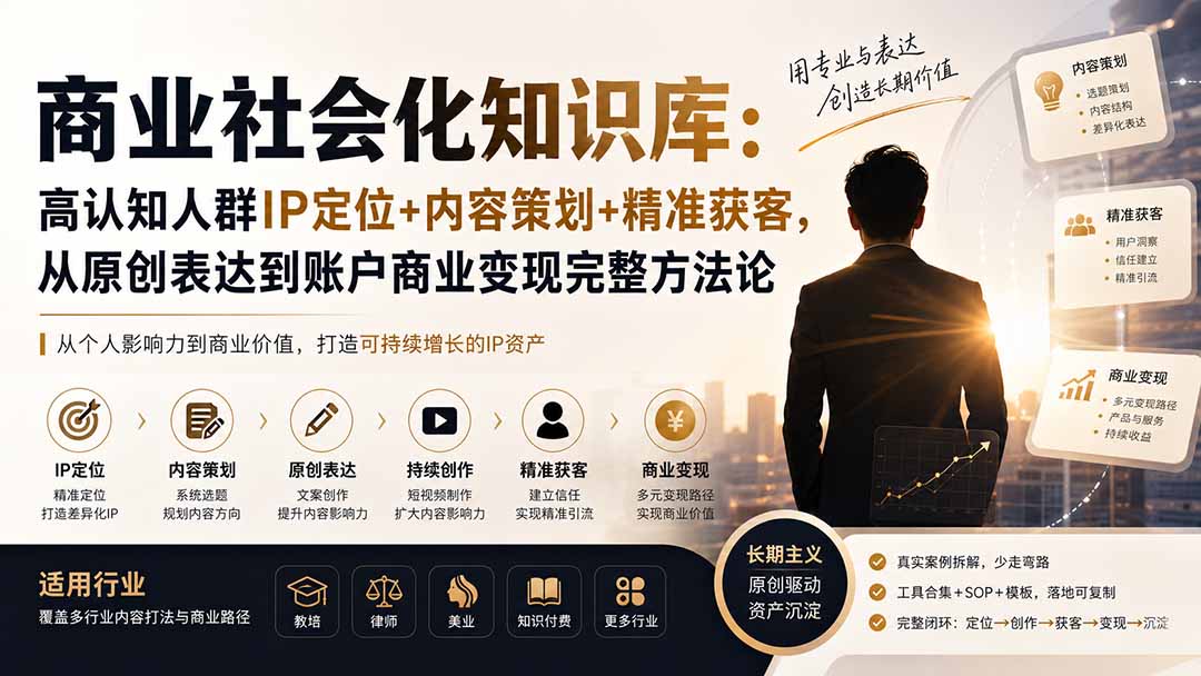 商业社会化知识库：高认知人群IP定位+内容策划+精准获客，从原创表达到账户商业变现完整方法论-问小徐资源库