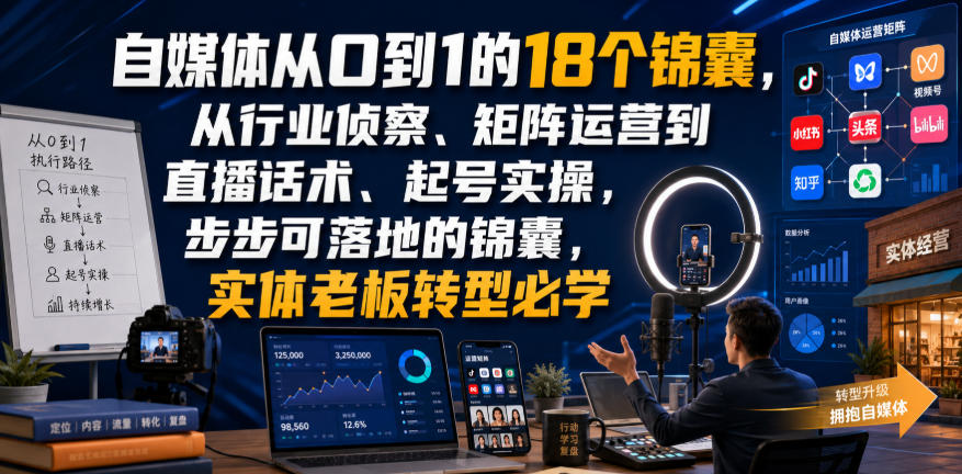 自媒体从0到1的18个锦囊，从行业侦察、矩阵运营到直播话术、起号实操，步步可落地的锦囊，实体老板转型必学-问小徐资源库