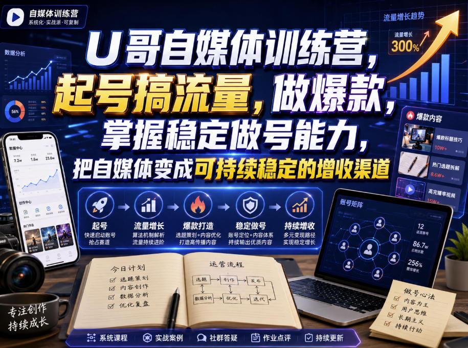 U哥自媒体训练营，起号搞流量，做爆款，掌握稳定做号能力，把自媒体变成可持续稳定的增收渠道-问小徐资源库