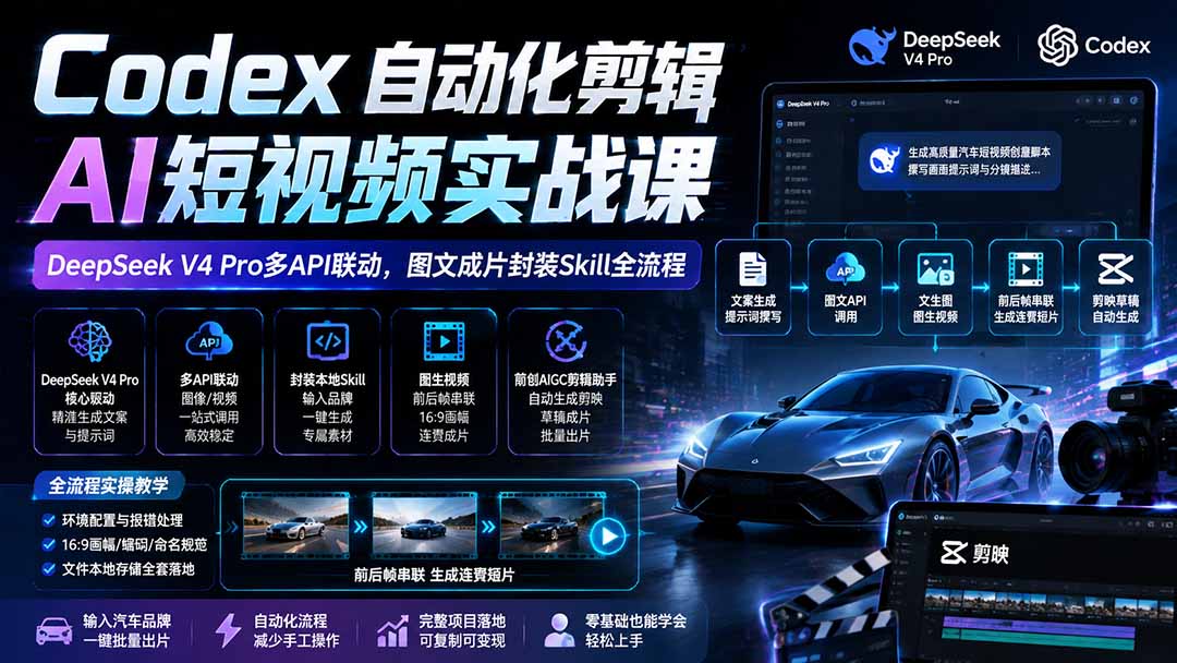 Codex自动化剪辑AI短视频实战课｜DeepSeek V4 Pro多API联动，图文成片封装Skill全流程-问小徐资源库