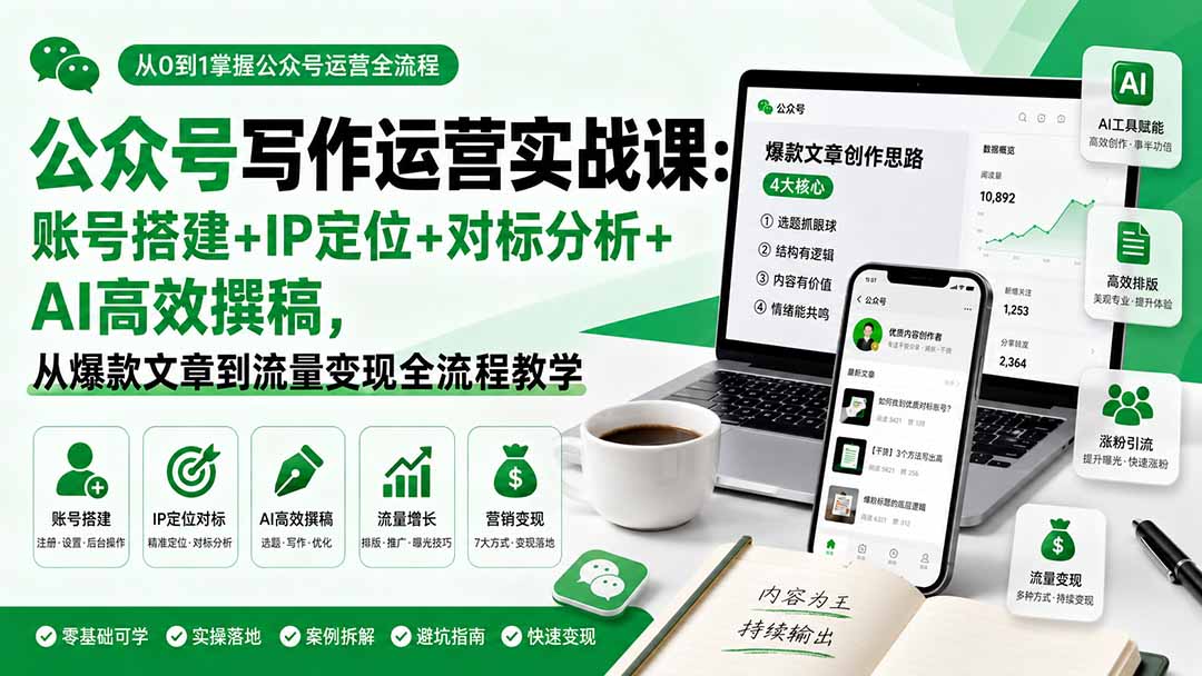 公众号写作运营实战课:账号搭建+IP定位+对标分析+AI高效撰稿,从爆款文章到流量变现全流程教学-问小徐资源库