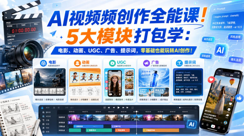 AI视频频创作全能课！5大模块打包学：电影、动画、UGC、广告、提示词，零基础也能玩转AI创作！【原创双语字幕】-问小徐资源库