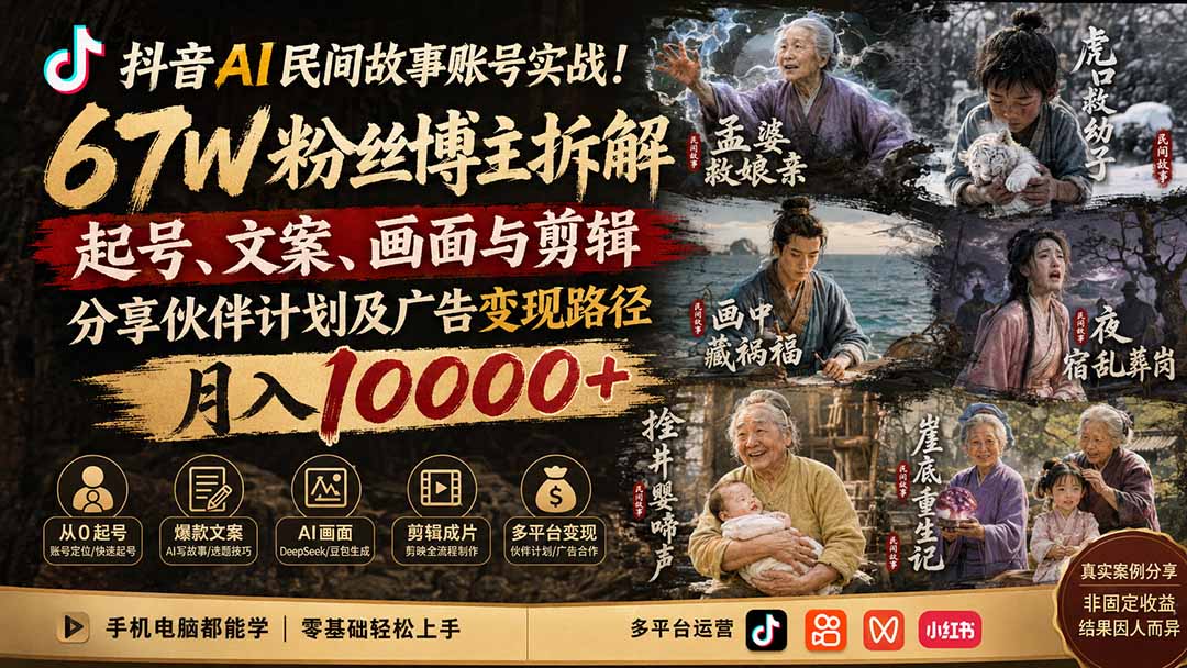 抖音AI民间故事账号实战！67W粉丝博主拆解起号、文案、画面与剪辑，分享伙伴计划及广告变现路径，月入10000+-问小徐资源库