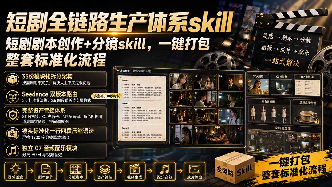 短剧全链路生产体系skill，短剧剧本创作+分镜skill，一键打包，整套标准化流程-问小徐资源库