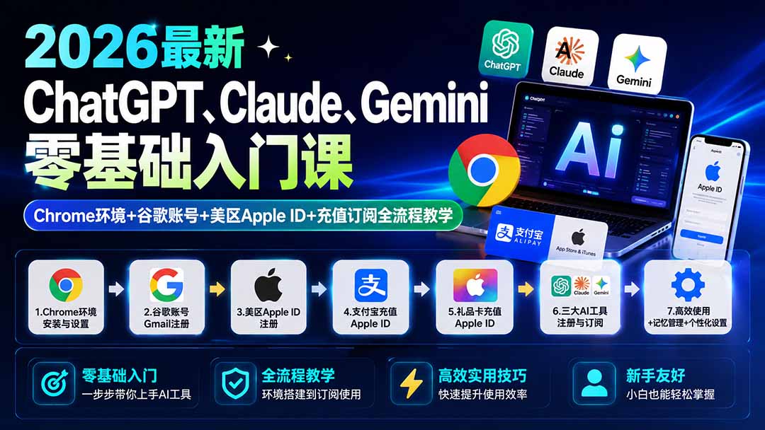 2026最新ChatGPT、Claude、Gemini零基础入门课:Chrome环境+谷歌账号+美区Apple ID+充值订阅全流程教学-问小徐资源库
