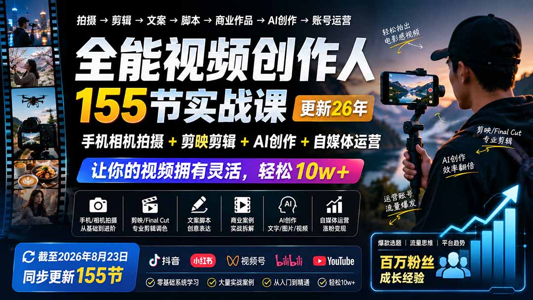 全能视频创作人155节实战课-更新26年8月：手机相机拍摄+剪映剪辑+AI创作+自媒体运营，让你的视频拥有灵活，轻松10w-问小徐资源库