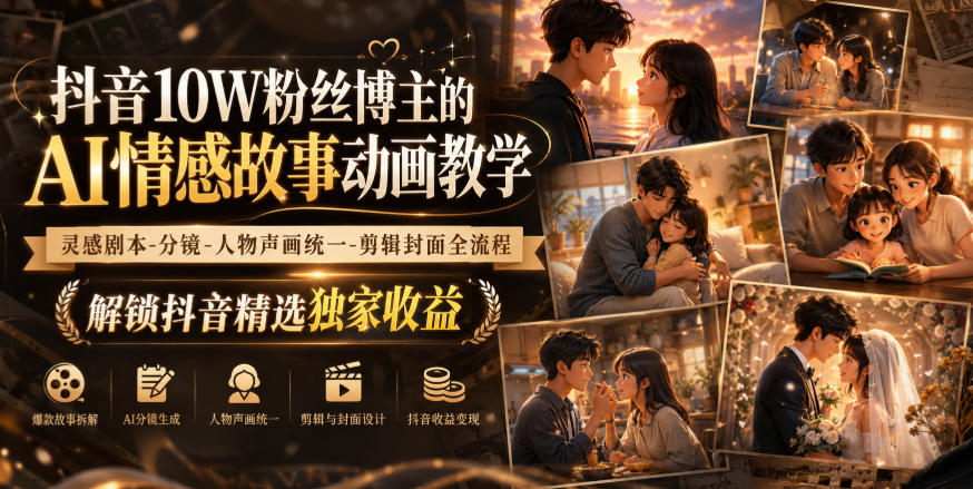 抖音10W粉丝博主的AI情感故事动画教学,灵感剧本‑分镜‑人物声画统一‑剪辑封面全流程,解锁抖音精选独家收益-问小徐资源库