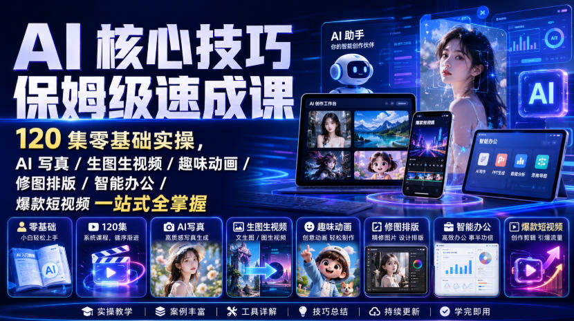 AI核心技巧保姆级速成课|120集零基础实操,AI写真/生图生视频/趣味动画/修图排版/智能办公/爆款短视频一站式全掌握-问小徐资源库