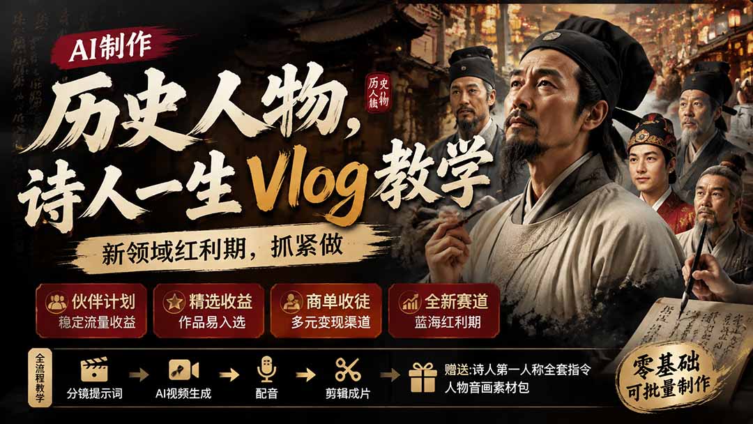 历史人物，诗人一生Vlog教学， AI制作丨伙伴计划丨精选收益丨商单收徒 ，新领域红利期，抓紧做-问小徐资源库