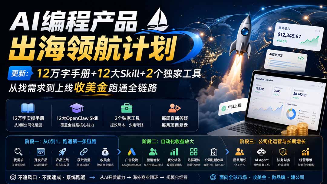 AI编程产品出海领航计划-更新：12万字手册+12大Skill+2个独家工具，从找需求到上线收美金跑通全链路-问小徐资源库