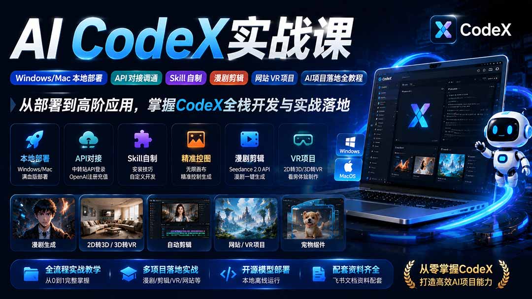 AI CodeX实战课|Windows/Mac 本地部署|API 对接调通|Skill 自制|漫剧剪辑|网站 VR 项目|AI项目落地全教程-问小徐资源库