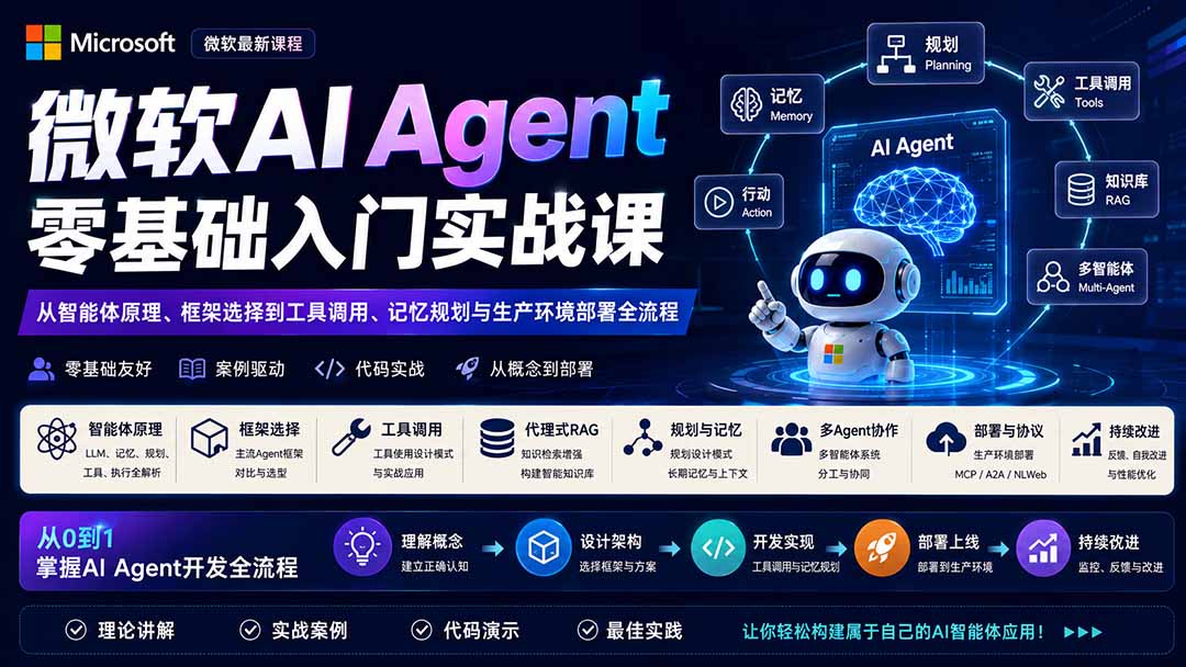 微软AI Agent零基础入门实战课:从智能体原理、框架选择到工具调用、记忆规划与生产环境部署全流程-问小徐资源库