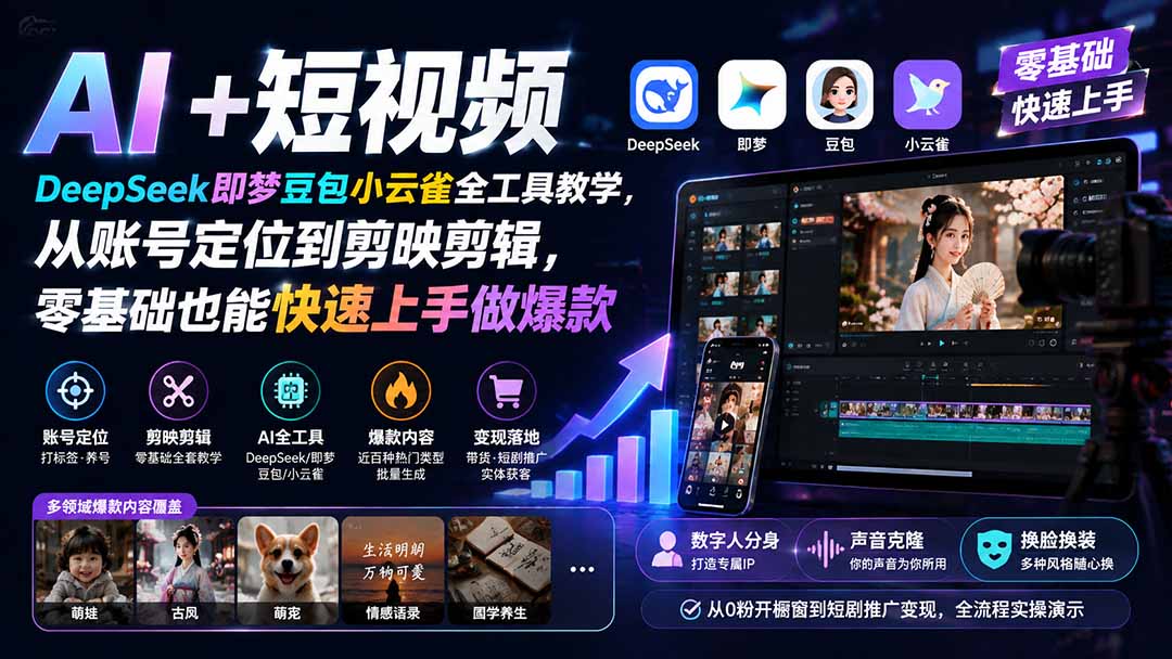 AI+短视频｜DeepSeek即梦豆包小云雀全工具教学，从账号定位到剪映剪辑，零基础也能快速上手做爆款-问小徐资源库