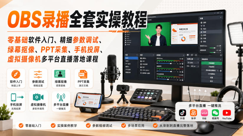 OBS录播全套实操教程｜零基础软件入门、精细参数调试、绿幕抠像、手机投屏、虚拟摄像机多平台直播落地课程-问小徐资源库