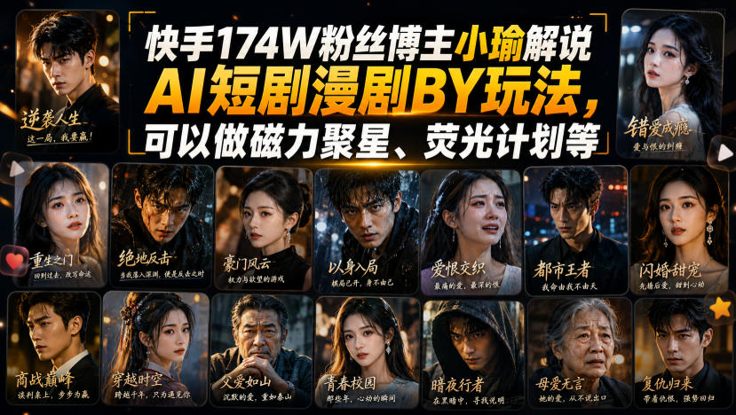 快手174W粉丝博主小瑜解说AI短剧漫剧搬运玩法，可以做磁力聚星、荧光计划等-问小徐资源库