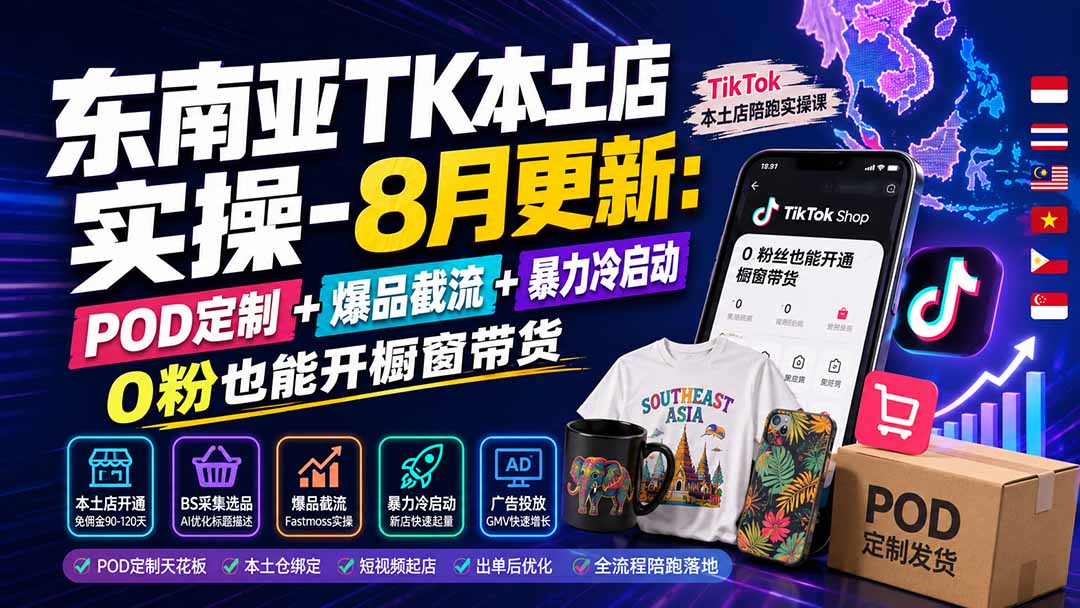 东南亚TK本土店实操-8月更新:POD定制+爆品截流+暴力冷启动,0粉也能开橱窗带货-问小徐资源库