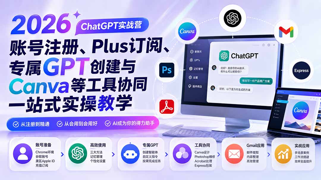 2026 ChatGPT实战营；账号注册、Plus订阅、专属GPT创建与Canva等工具协同一站式实操教学-问小徐资源库