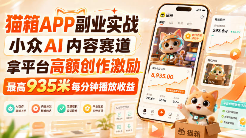 猫箱APP副业实战,小众AI内容赛道,拿平台高额创作激励,最高935米每分钟播放收益-问小徐资源库
