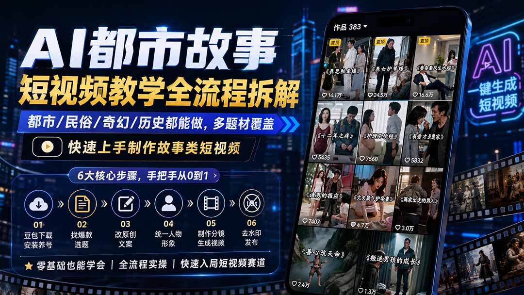 AI都市故事短视频教学全流程拆解；都市/民俗/奇幻/历史都能做多题材覆盖，快速上手制作故事类短视频-问小徐资源库