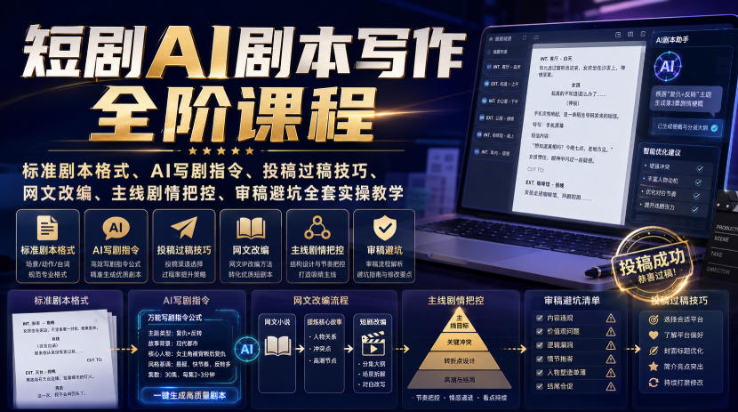 短剧AI剧本写作全阶课程｜标准剧本格式、AI写剧指令、投稿过稿技巧、网文改编、主线剧情把控、审稿避坑全套实操教学-问小徐资源库
