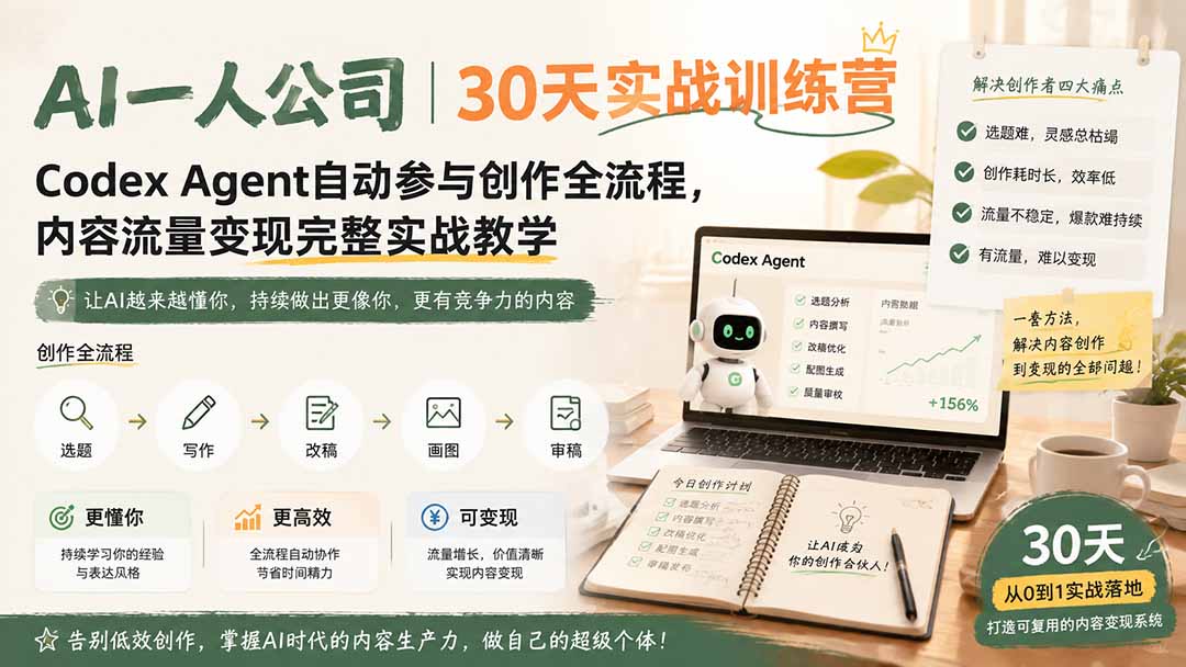 AI一人公司｜30天实战训练营；Codex Agent自动参与创作全流程，内容流量变现完整实战教学-问小徐资源库